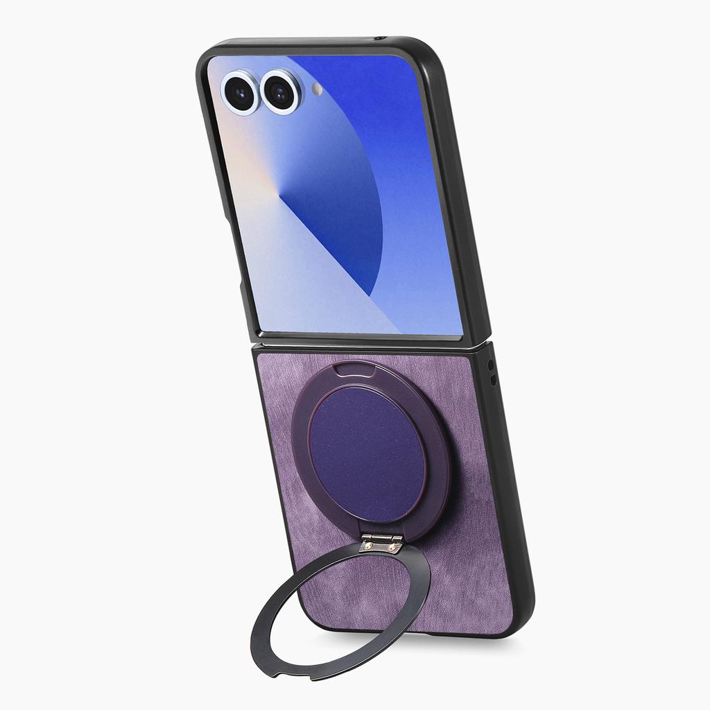 For Samsung Galaxy Z Flip7 5G Phone Case with Rotating Kickstand Stress Relief Retro Leather Back Cover