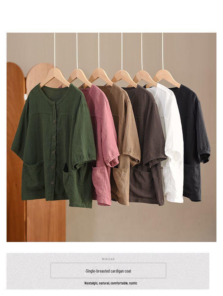 Women's 2024 Summer Cotton Linen Mid-Sleeve Cardigan Shirt - Casual, Slimming, Single-Breasted Design