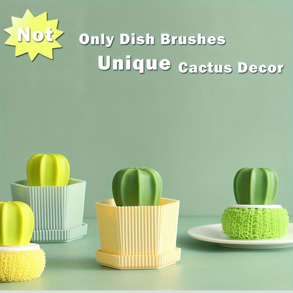 1PC Cactus Shape Dishwashing Brush with Drip Tray, Sturdy Cleaning Brush Set for Kitchen