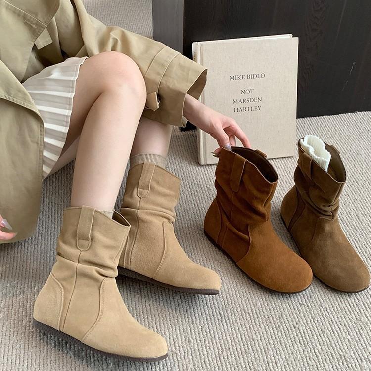 Soft Leather Retro Pleated Piled Boots Women's 2025 New Spring and Autumn Single Boots Medium Tube Thin Western Cowboy Soft Leather Short Boots