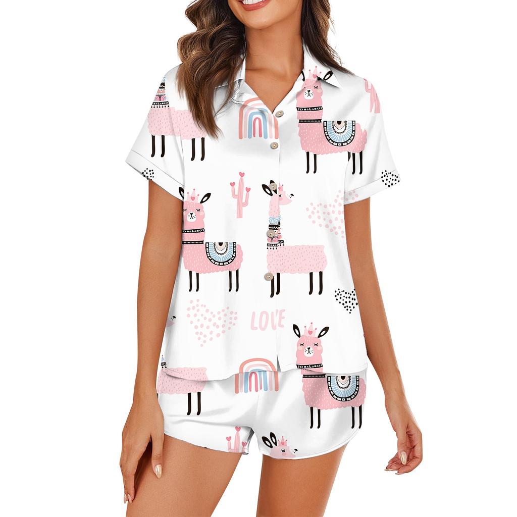 Damen Seidenpyjama mit Knopfleiste, Heimkleidung, Sternendruck, kurzärmelig, Satin-Pyjama-Set, 2-teiliges Set