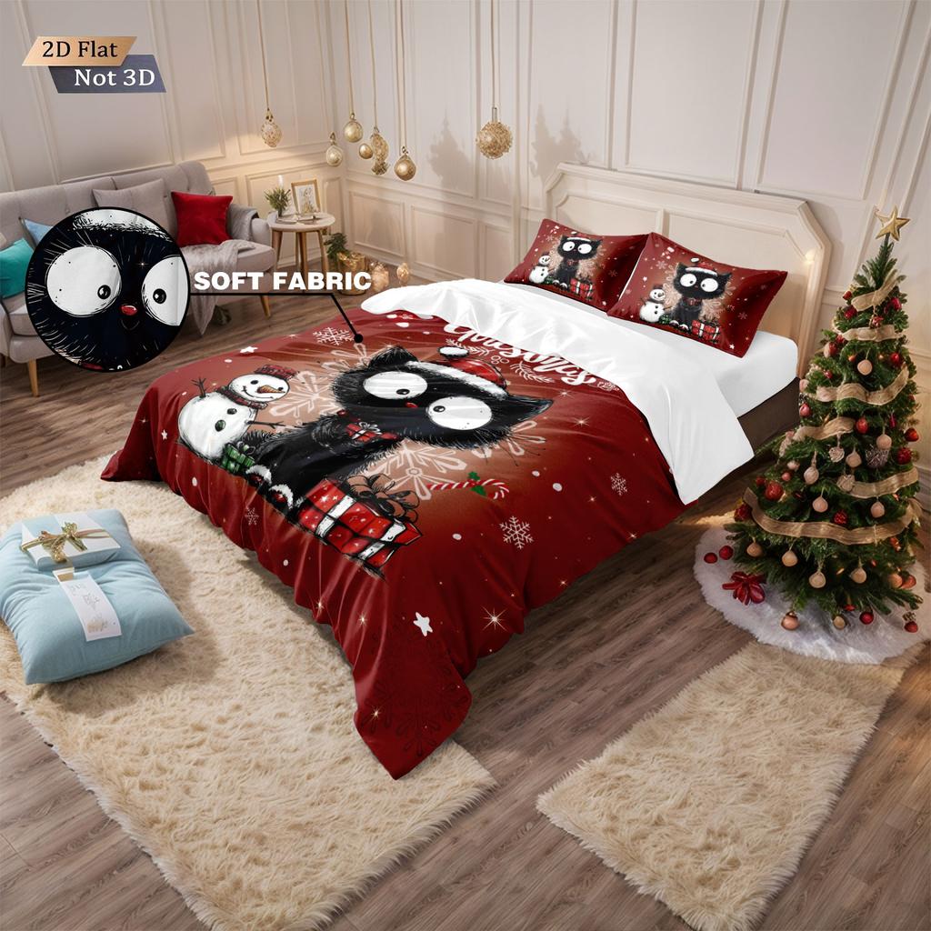 3pcs Red Christmas Black Kitten Printed Coreless Bedding Set Soft Comfortable Dormitory Bedroom Multiple Sizes Machine Washable