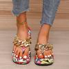 2025 summer foreign trade thick bottom round toe slippers women's European and American graffiti chain decorative flip-flops wish