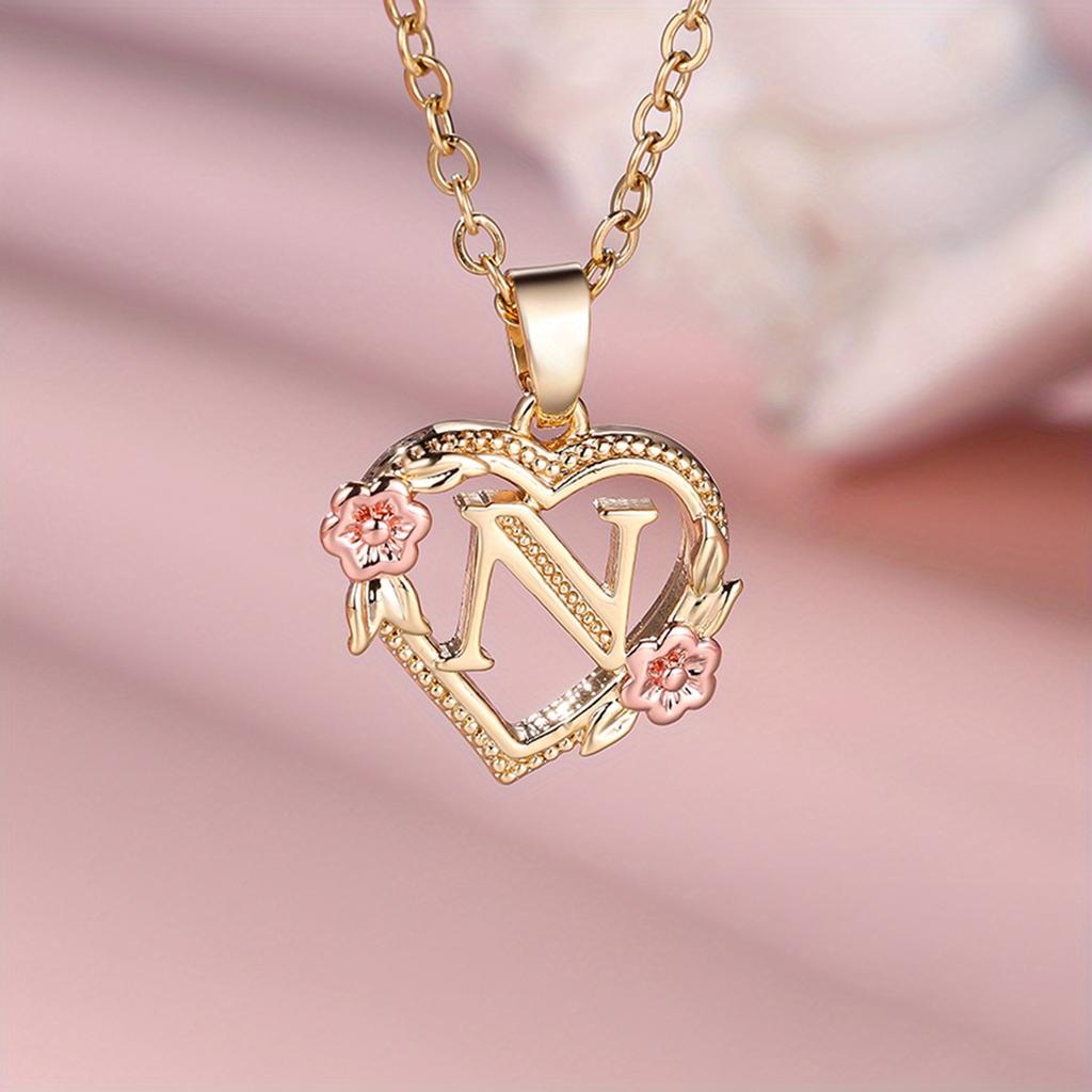 1 Pc Golden Color 26 English Letter Heart Necklace Rose Flower Pendant Wedding Band Jewelry Valentine's Day Gift