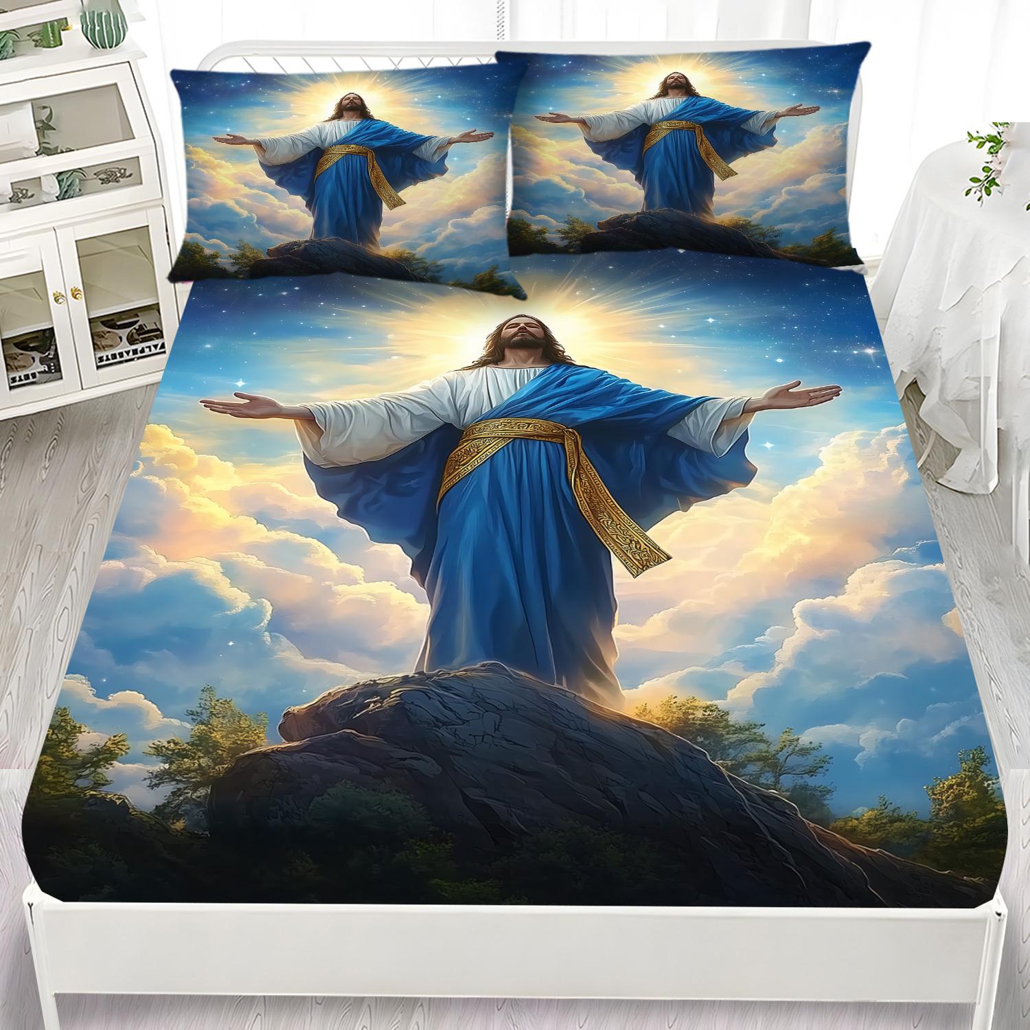 

Latacaca 3pcs Jesus with Open Arms on the Mountain Pattern Fitted Sheet Set 1 Fitted Sheet and 2 Pillowcases EU Twin(135x200cm)