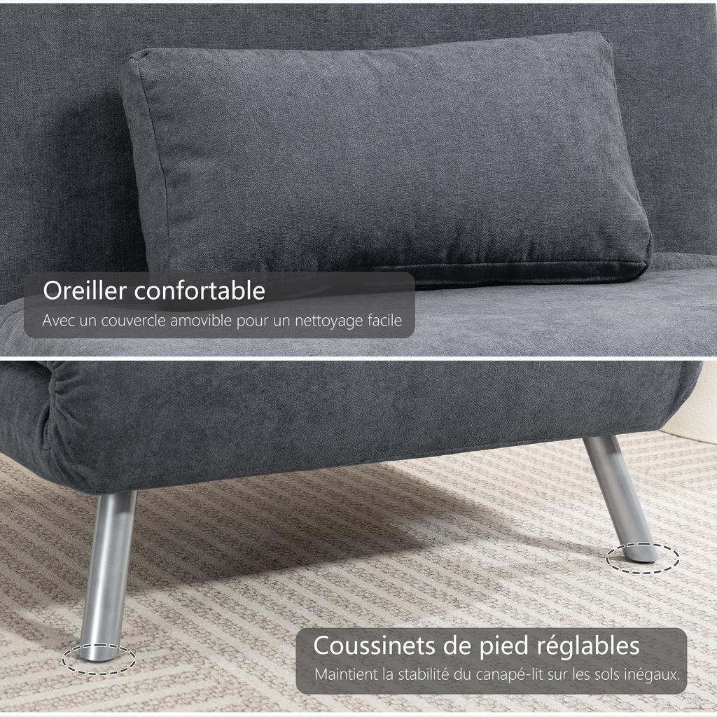 Convertible Armchair, 1-Seater, 3-in-1 Click-Clack Bed, Backrest, Pillow, Dark Grey