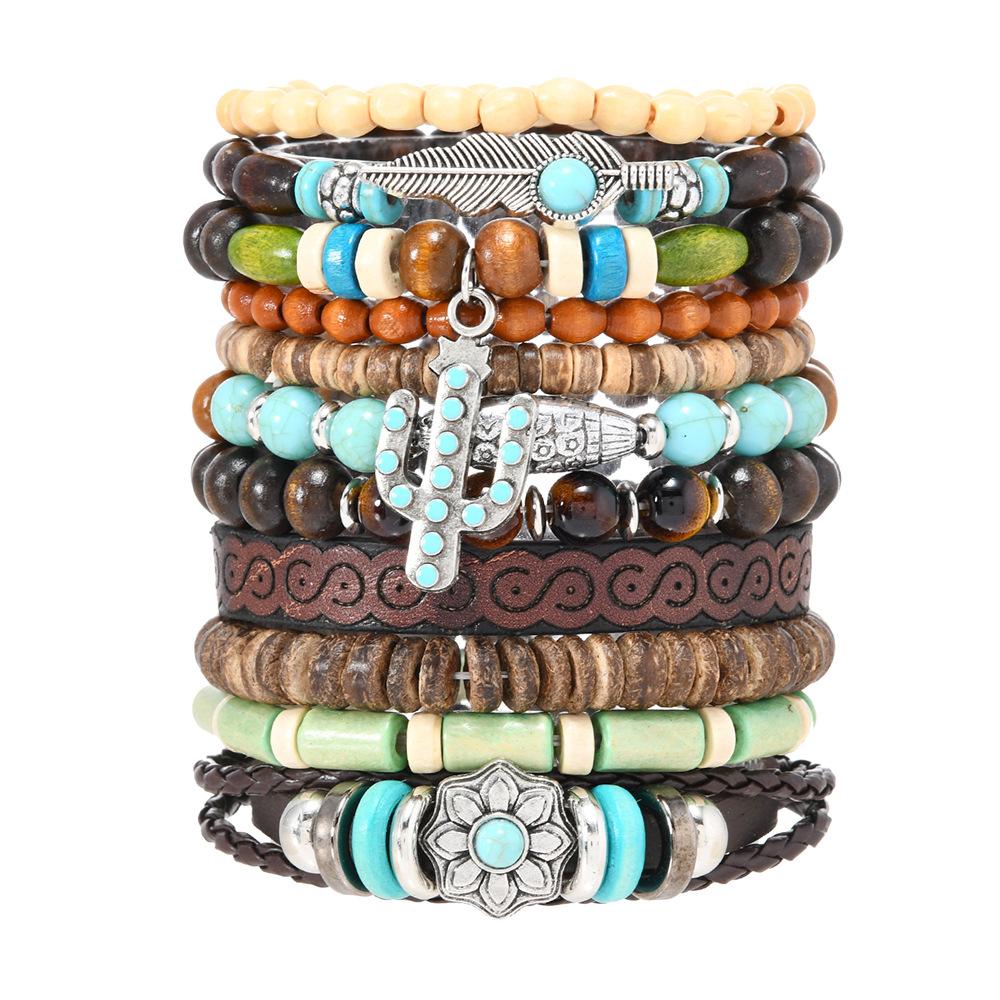Leather Bracelets for Men Women Handmade Wrap Woven Cuff Bracelets Wooden Beaded Bracelets Vintage Ethnic Tribal Wristbands Bracelet Set Adjustable