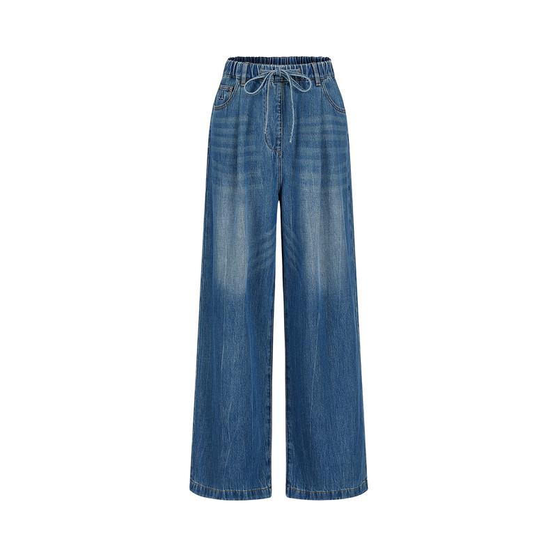 JUZI ANNACO Women's Relaxed Retro Elastic Waist Loose Denim Wide-Leg Pants