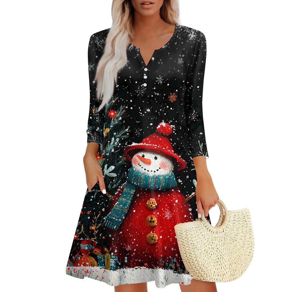 Women's Christmas Printed Fashionable V-neck Button Seven Part Cuff Pocket Dress