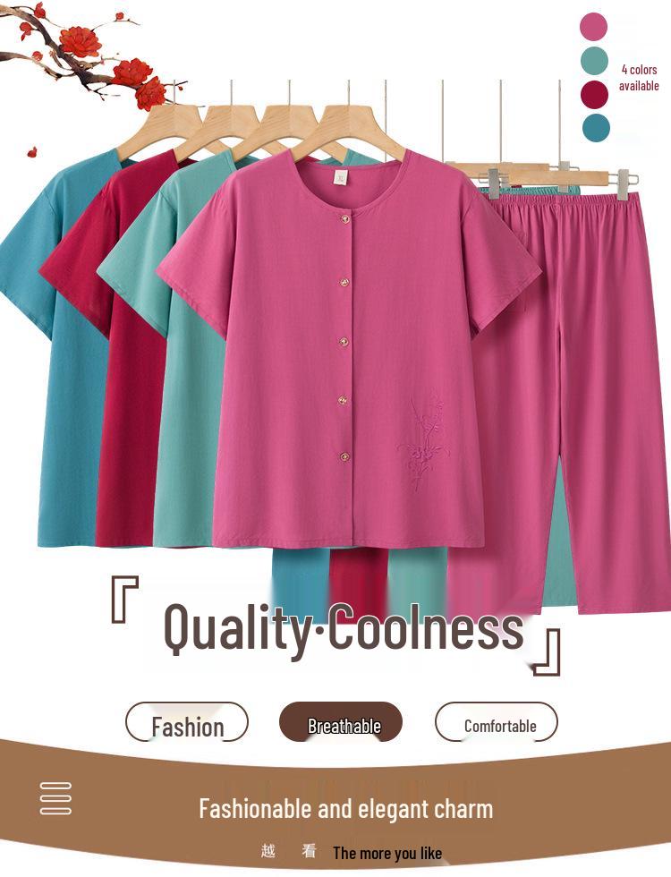 Elegant Two-Piece Summer Set for Middle-Aged and Elderly Women - Short Sleeve Casual Style