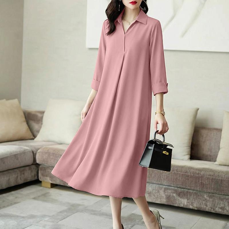 ZANZEA Vestido largo casual para mujer con cuello vuelto, holgado y de manga 3/4
