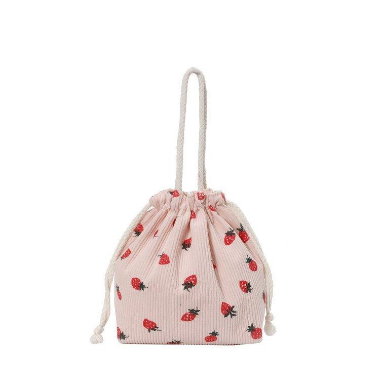 Cute Corduroy Handbag Fresh Strawberry Drawstring Bag Key Headphone Data Cable Organizer Pouch Student Makeup Bag Toiletry Bag