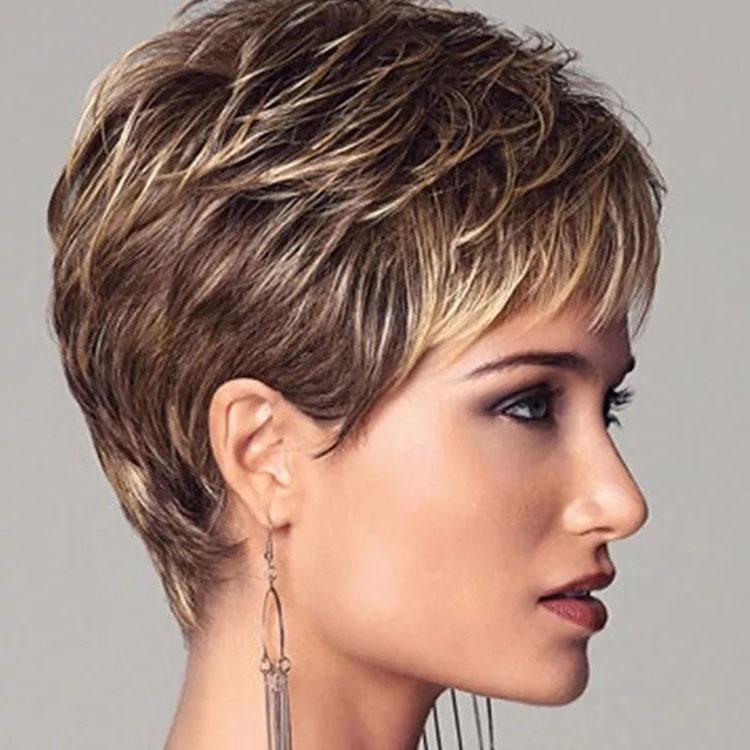 Parrucca Corta Riccia Moda Donna, Taglio Pixie Biondo Misto Capelli Sintetici in Fibra ad Alta Temperatura