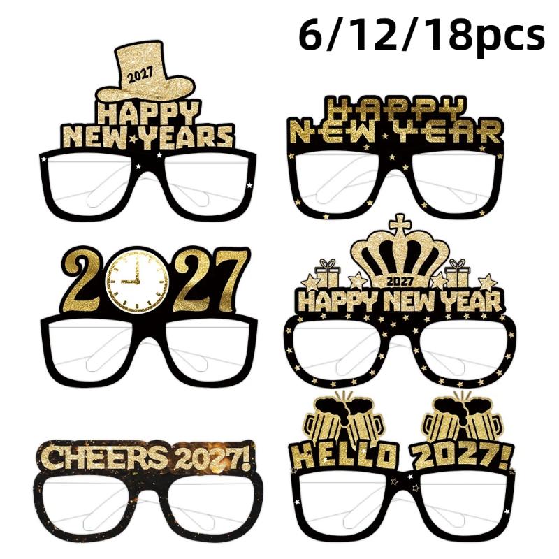 6/12/18Pcs 2027 Happy New Year Party Paper Glasses Black Gold Glitter For New Years Eve Gatherings Photo Booth Props