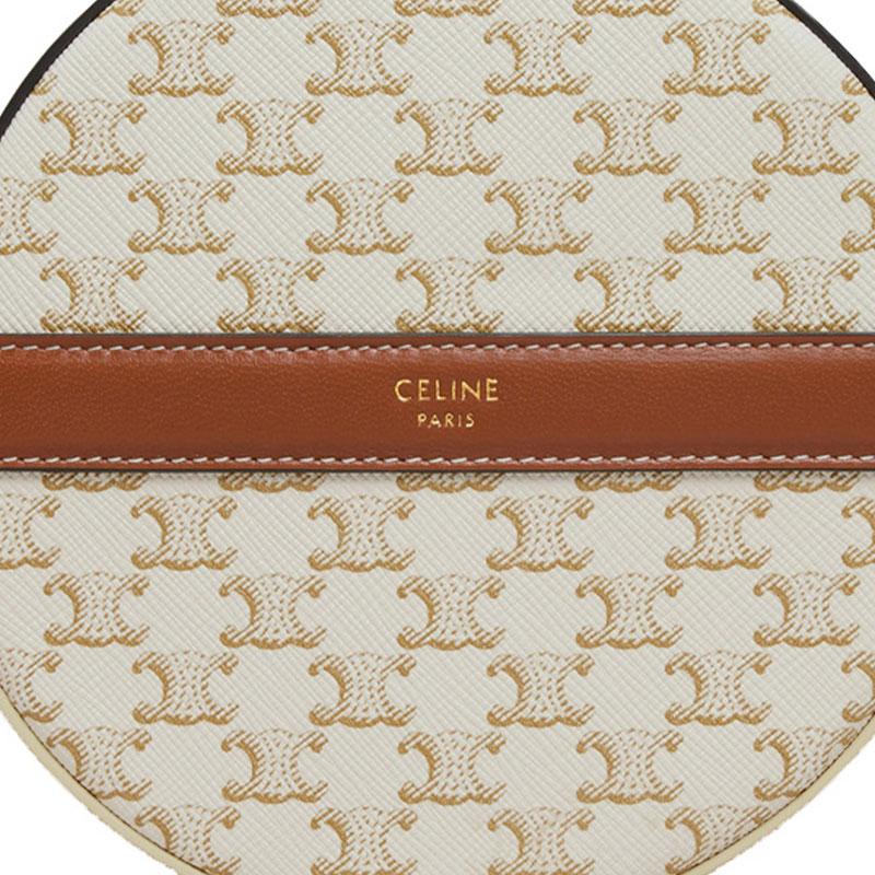 Celine Triomphe Classic Monogram Print Zipper Closure Canvas And Lambskin Round Bag Women Shoulder Bag White 10G342CAM-01TA