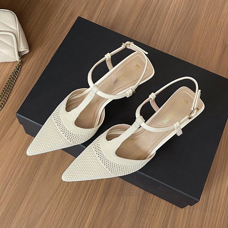 High heels women's stiletto high-end French pointed mesh sandals T-band middle heel fairy style single shoes celebrity style