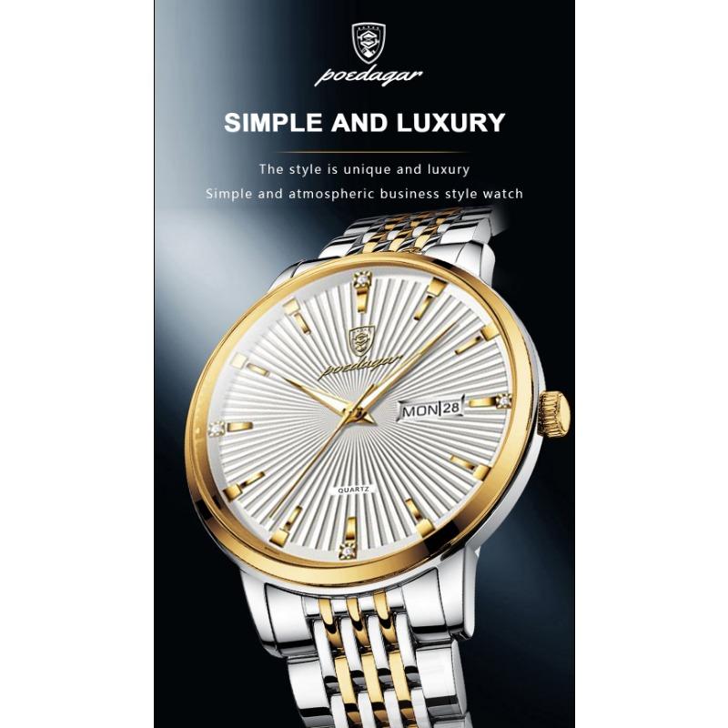 POEDAGAR Fashion Business Men's Watches Waterproof Luminous Date&Week Stainless Steel Watch Quartz Exquisite Male Wristwatch