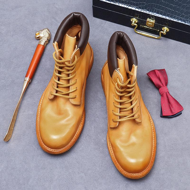 Big Yellow Boots Goodyear Handmade Leather Sole Casual Martin Leather Boots Men's Thick Sole Trend High Top Shoes Men's Cowhide