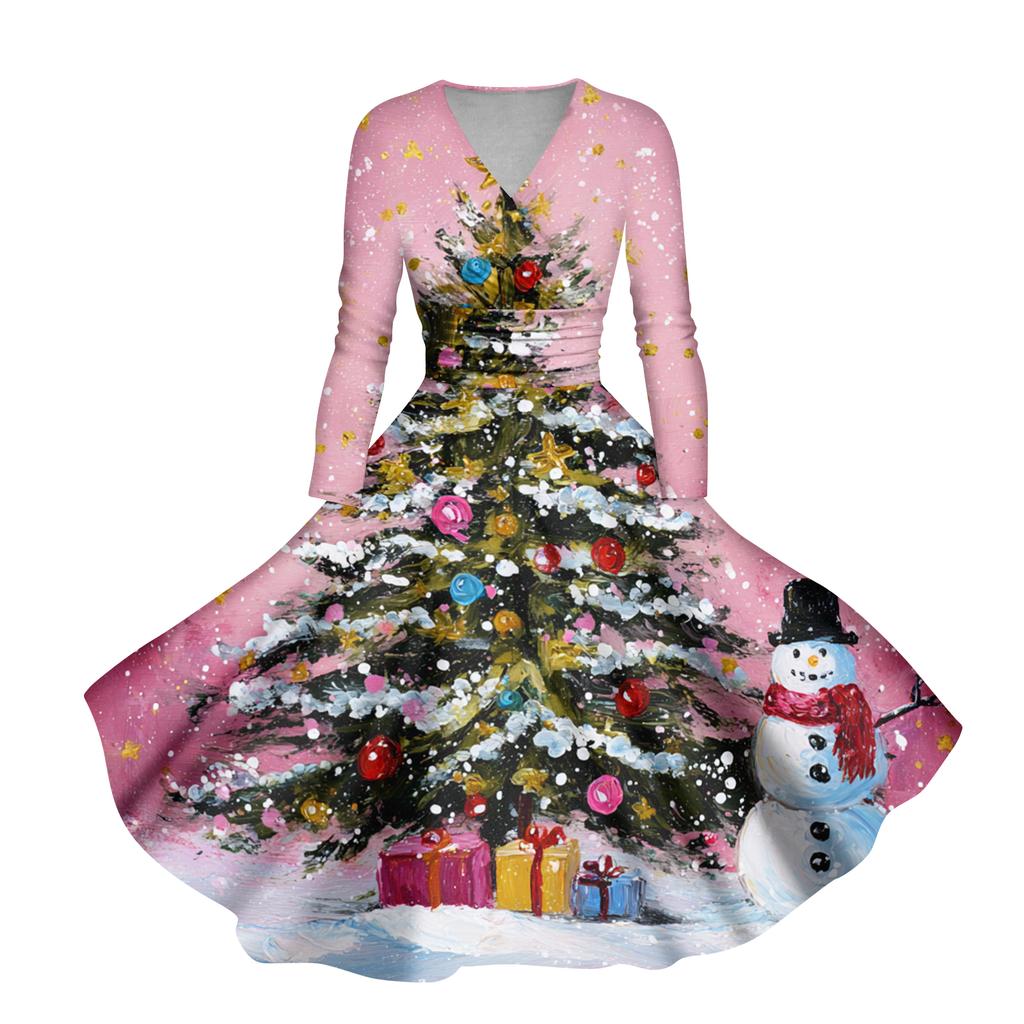 Ladies' Casual And Fashionable Christmas Tree Print Long Sleeved V-neck Sexy Pocket Dress