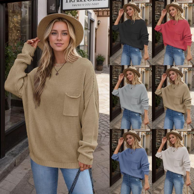 Winter Hot Sale Solid Color Chic Pocket Decorative Crew Neck Women's Bottom Knitted Sweater Pullover Sweater