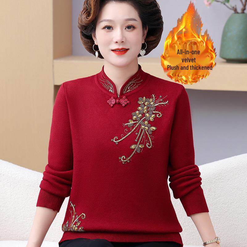 Mom's Chinese Embroidered Top: Fashionable Plus Velvet Sweater for Middle-Aged & Elderly Women, Autumn/Winter Base Layer