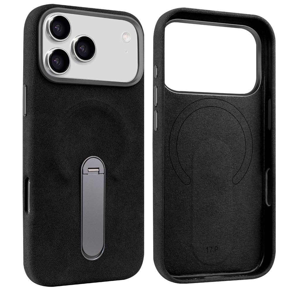 

For iPhone 17 Pro Protective Case With Metal Rotatable Kickstand Suede Artificial Leather Phone Case For iPhone 17 16 15 Pro Max iPhone 16 чорний