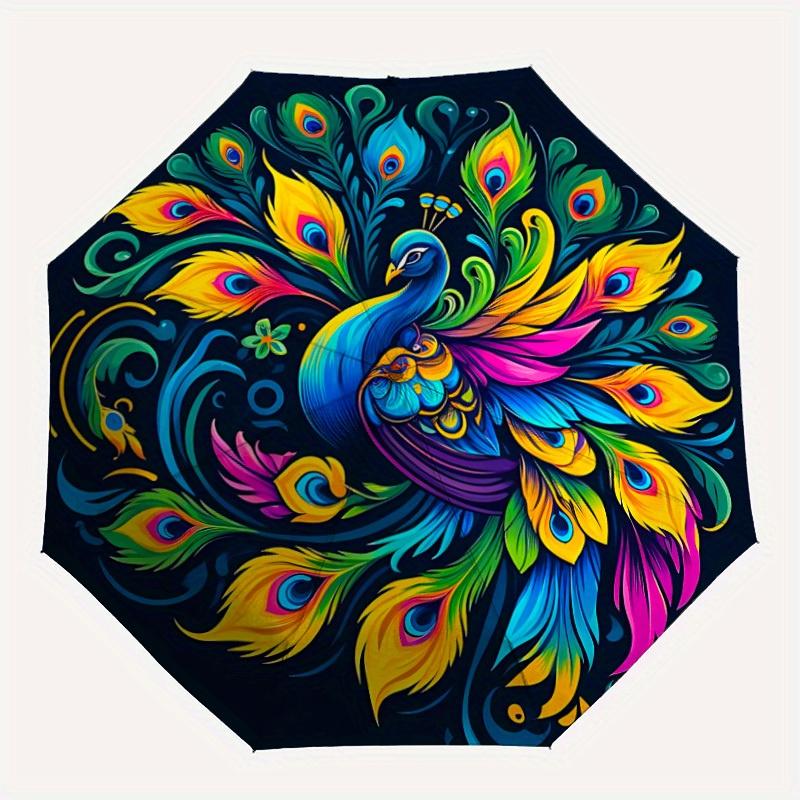 

1pc Peacock Feathers Automatic Open/close, Heavy-Duty Iron Frame & 8-Rib structure, Compact Folding Umbrella for Women/Men, All-Season Travel, Hallowe
