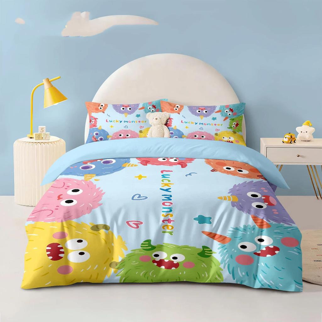 Cute Monster Printing Bedding Set Little Monster Pattern Duvet Cover With pillowcase for Kids Teens Bedroom Decor