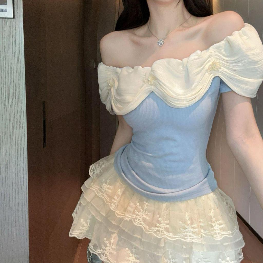 Women's French Floral Off-the-Shoulder Ruffle Top - 2025 Summer Hong Kong Style