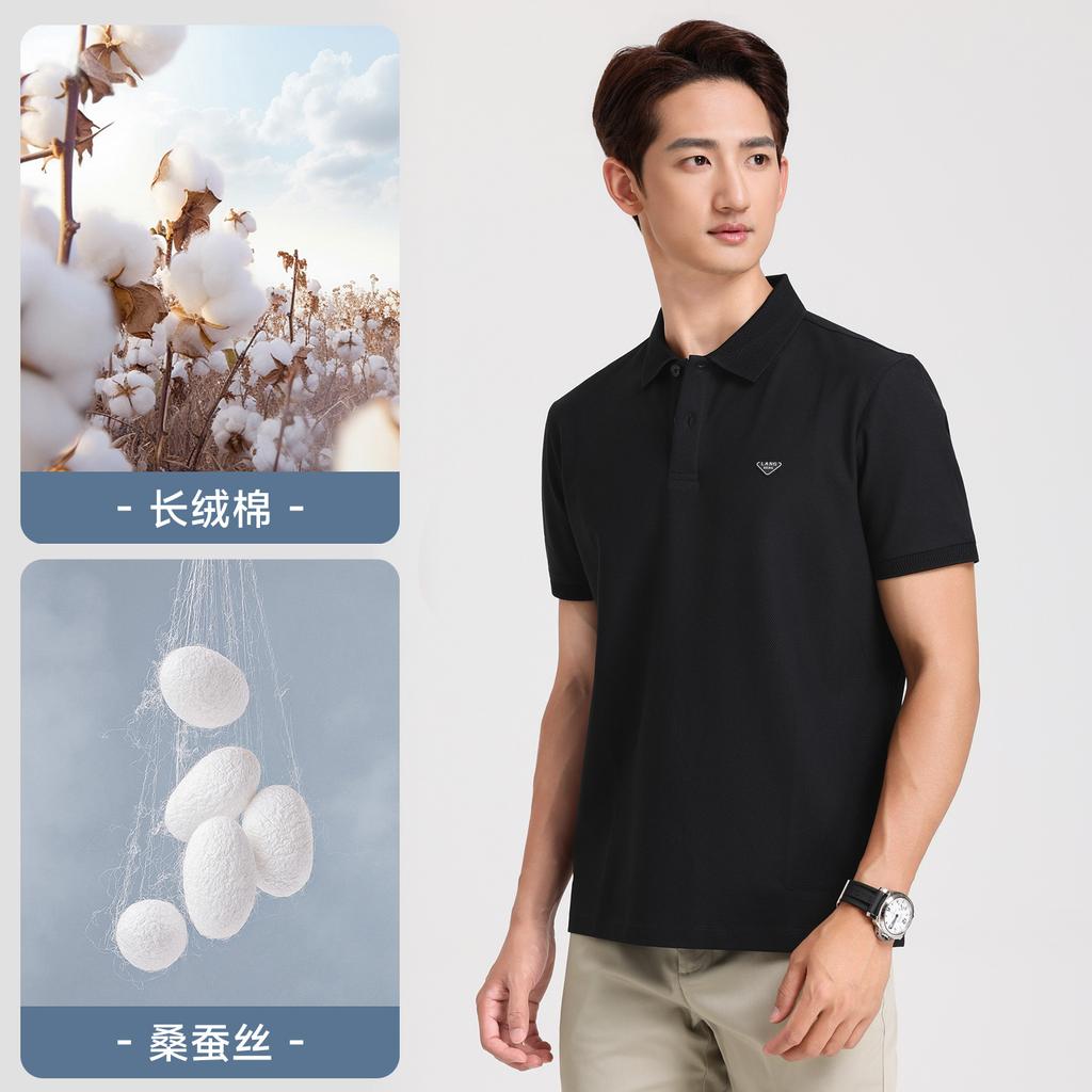 Mulberry Silk Blended Langdeng 26 New Breathable Elastic Solid Color Short Sleeve Polo Shirt