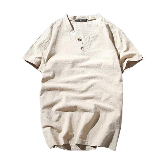 Men T-shirt Short Sleeves V Neck Button Solid Color Slim Fit Cotton Linen Summer Casual Male Tee Shirt Top Daily Wear