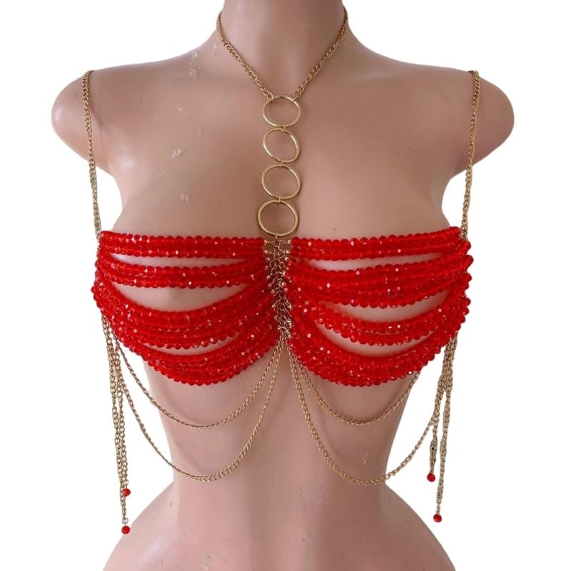 

Fashionable Red Beaded Halter Neck Bra Chest Chain Body Jewelry Camisole Vest Crop Top for Women Beachwear Festivals 1 красный