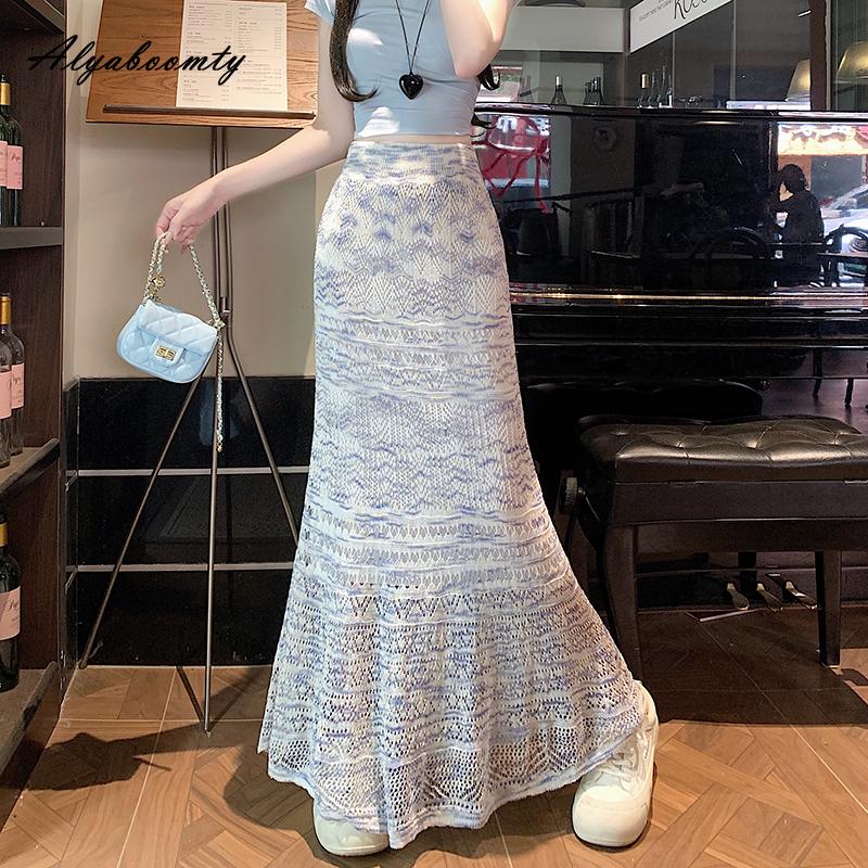 

Корейская мода Лето Осень Женская Макси Длинная Юбка Высокая Талия Контрастный Цвет Ажурная Вязка Юбка Русалка Вязаная Женственная Юбка Труба One Size белый/синий