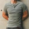 Men's Retro Cotton Henley Shirt - Coarse Thread 230g, Solid Color, Short-Sleeve Fitness Top