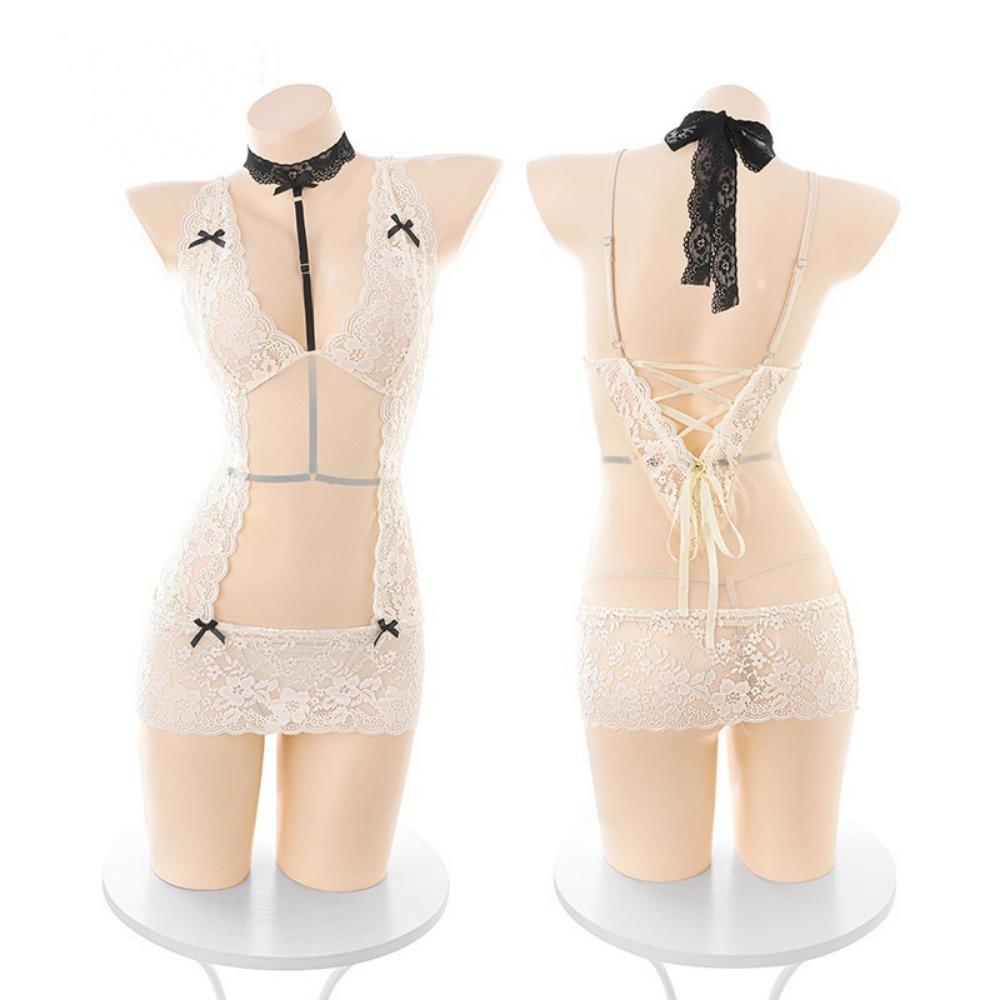 Domi Pull Deep V Dew Ditch Lace Sexy Underwear Sexy Lace Perspective Hip Skirt Uniform Sleeping Clothes Qqny