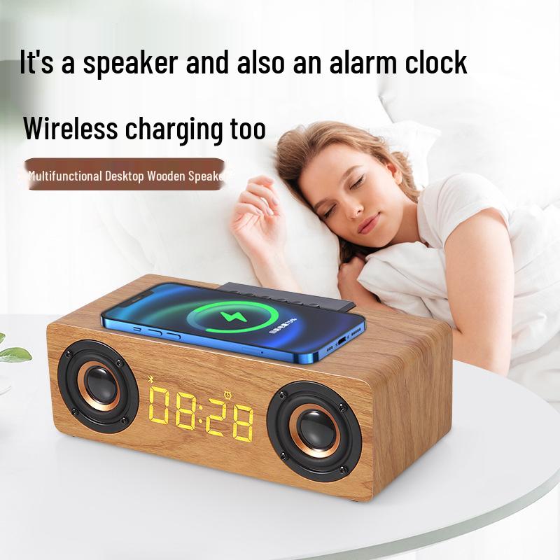 K1 Wooden Bluetooth Speaker & Wireless Charging Clock with Card Slot & U Disk Compatibility