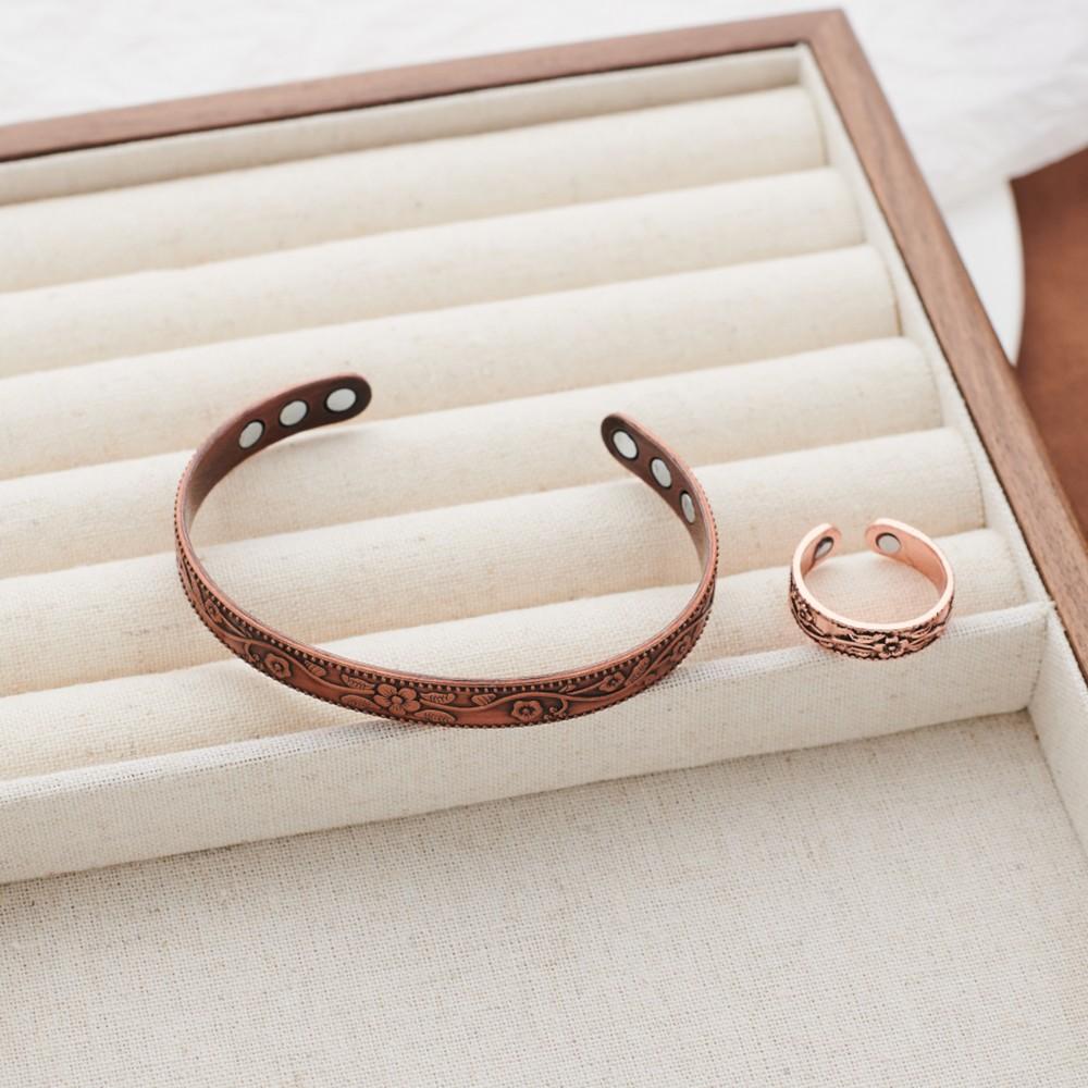 Magnetic Bracelet Retro Flower Ring Bracelet Set Adjustable Men's and Women's Plated Ancient Red Copper Magnetic Bracelet