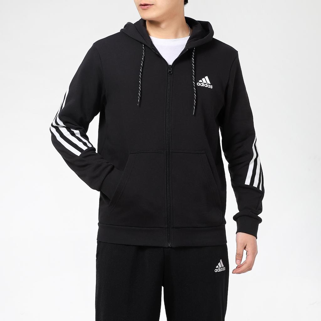 Adidas 3-Striper Tape Full-Zip Strikket Løpe Trenings Hettejakke Menn Overbekledning Svart GM6895