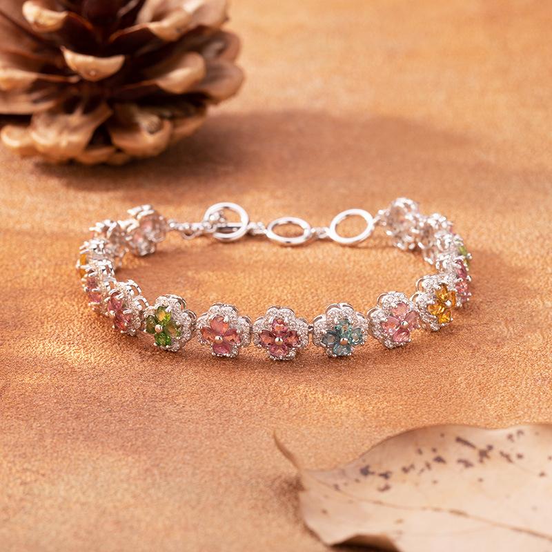 Four-Leaf Clover Natural Tourmaline Bracelet S925 Silver Jewelry Xiaohongshu Wechat Channels