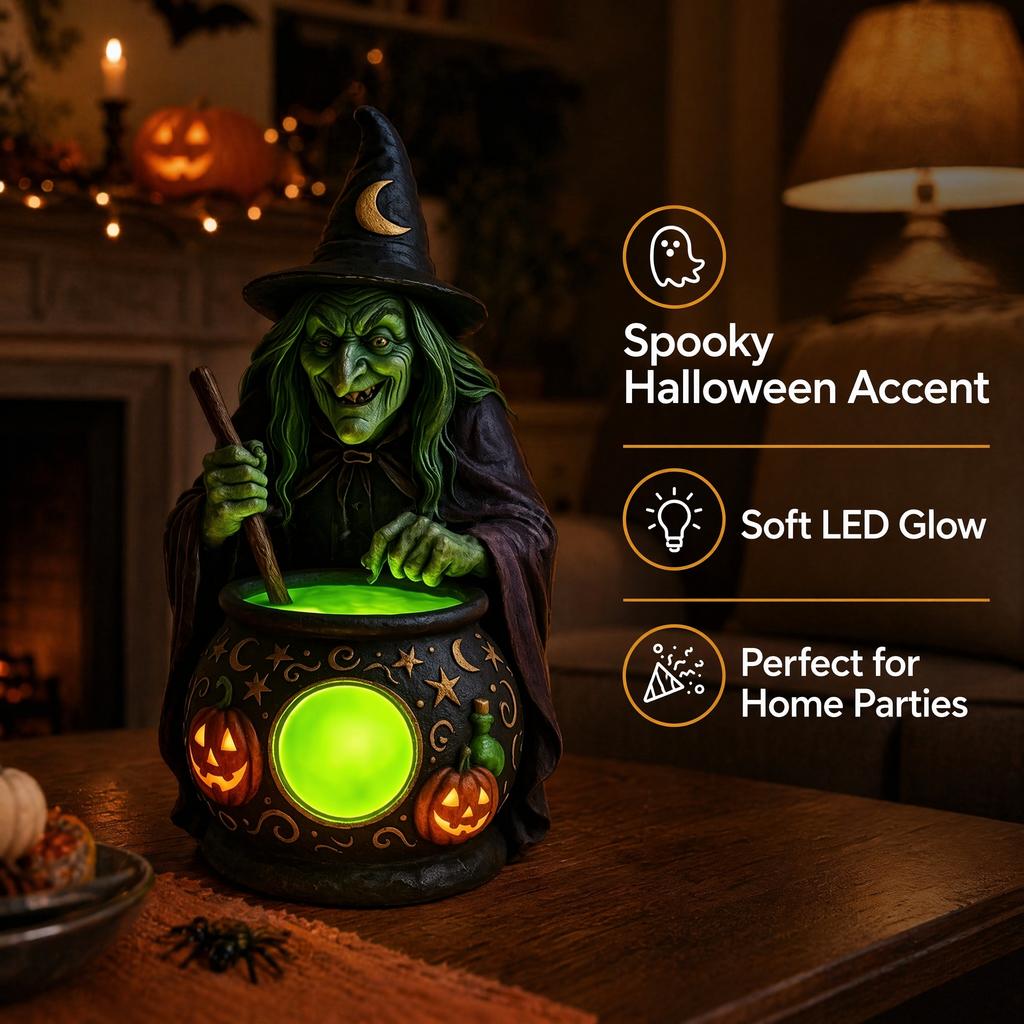 Scary Resin Witch Cauldron LED Lamp Halloween Glowing Decoration Spooky Night Light for Home Party Outdoor Store Haunted House
