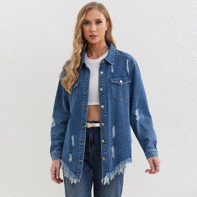 Women Jeans Jackets Spring Summer Ripped Denim Vintage Casual Denim Shirt Jacket Long Sleeve  Chic Coat Streetwear