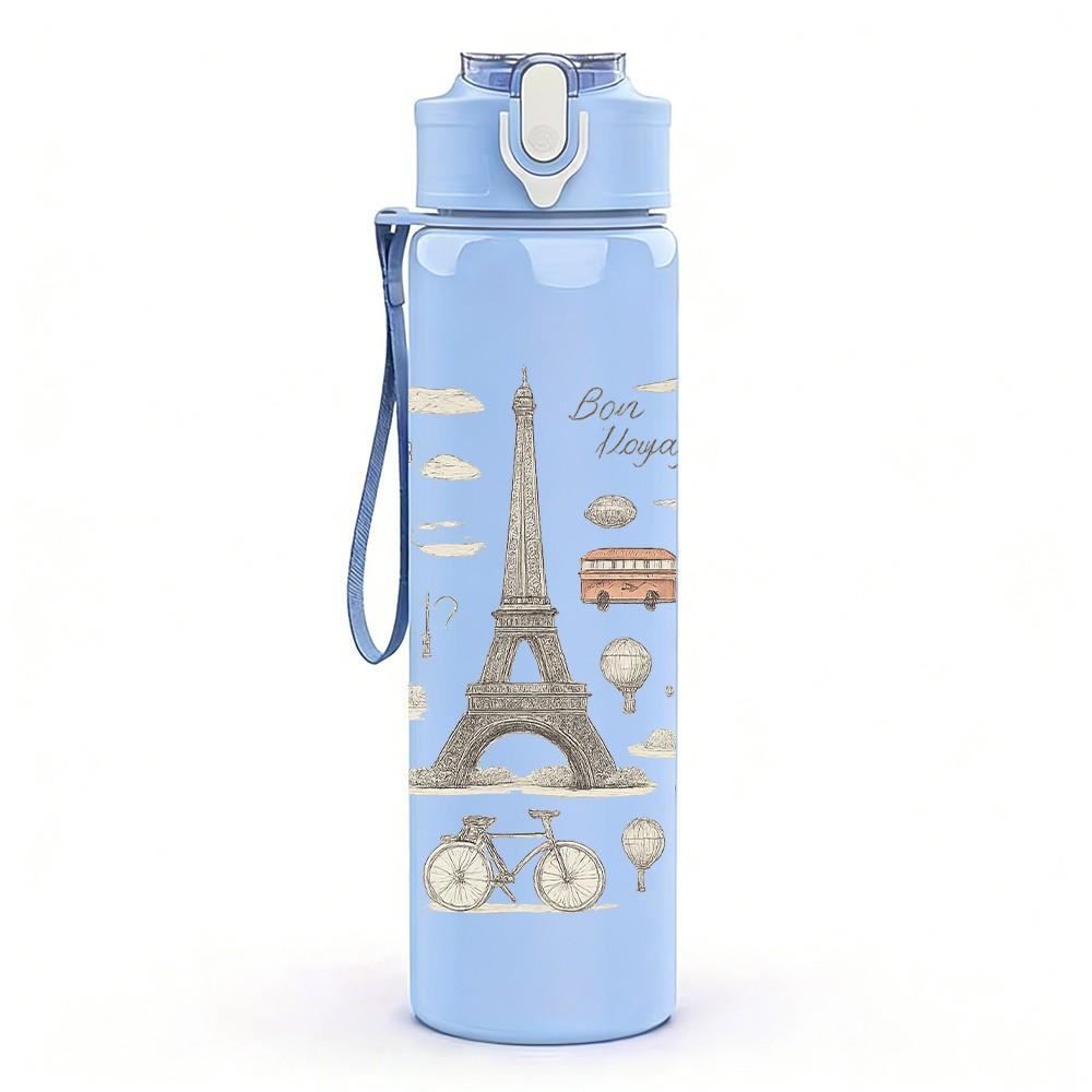 1PC Paris European Building Sticker Collage 750ml Color Plastic Sports Water Bottle Leakproof Flip Straw Lid Suitable for Sports Office Home Use
