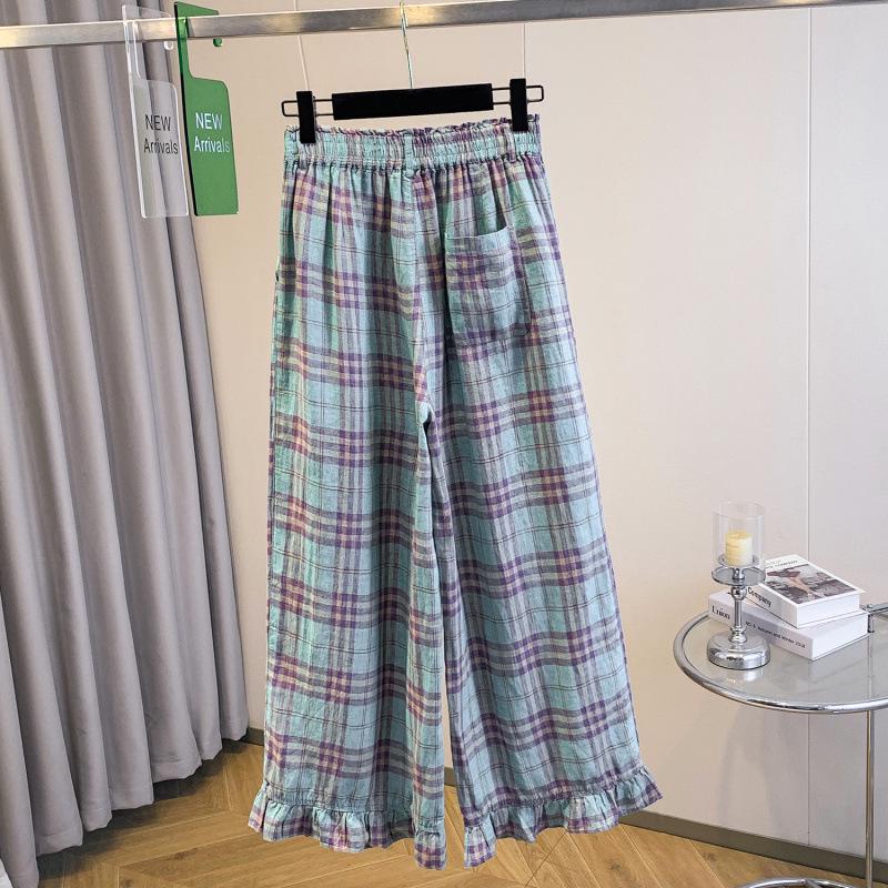Women's Retro Plaid Wide-Leg Elastic Waist Pants