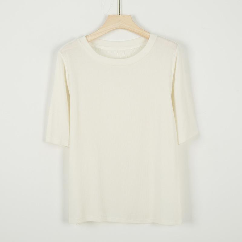 Johnature Women Knitted Spring T-Shirts O-Neck Half Solid Color Soft Female T-Shirts