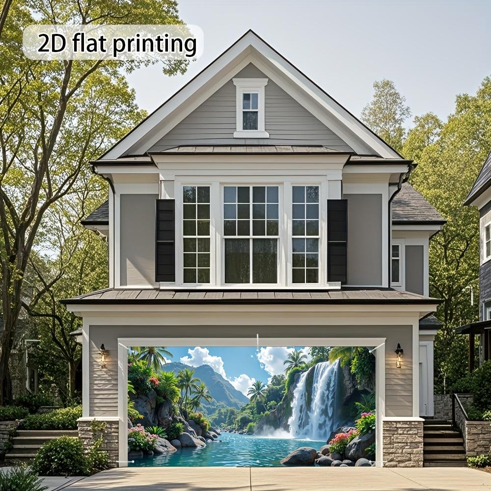 1pc Garage door sign featuring tropical waterfall and floral scenery. 2d flat printing vivid outdoor decoration.