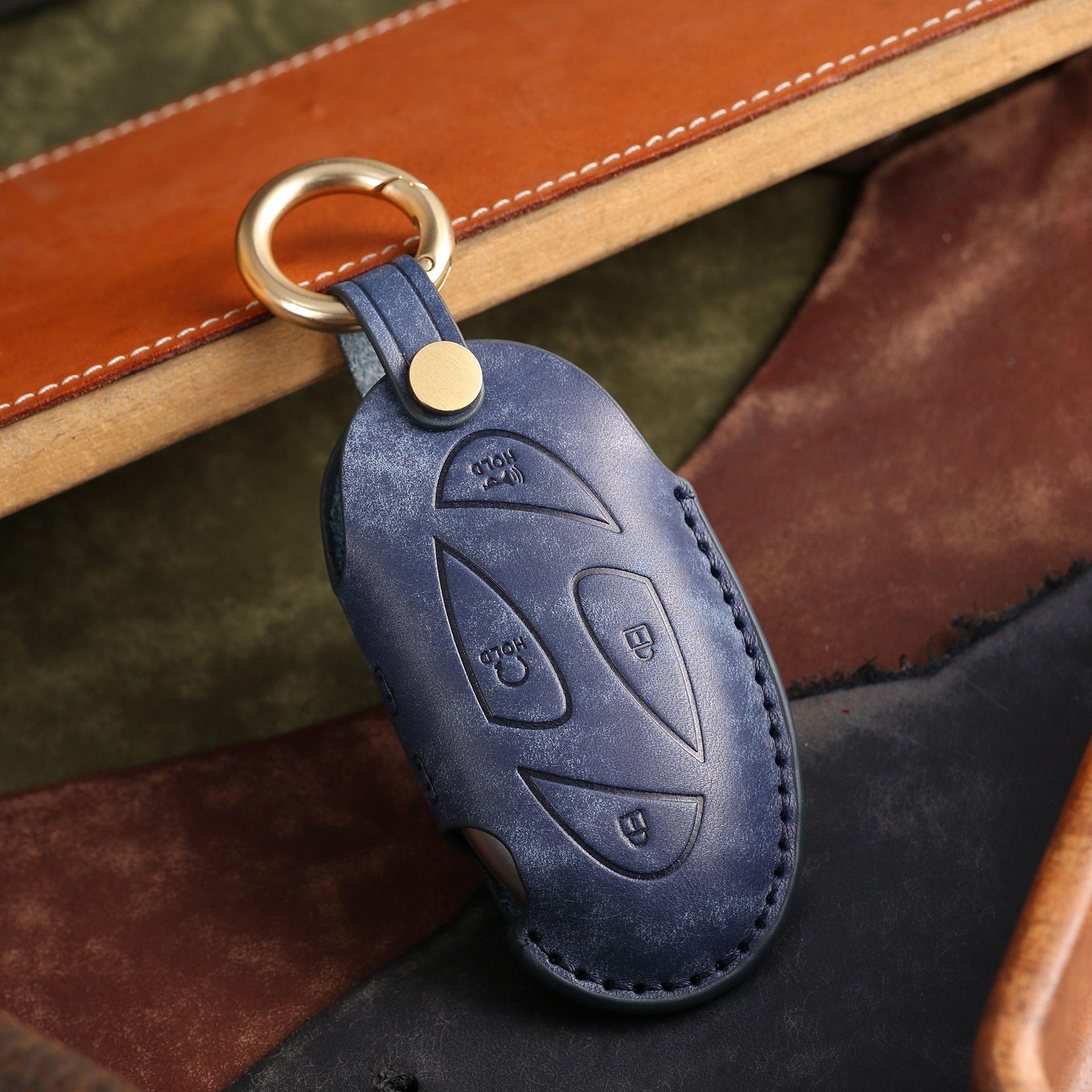 

Кожаный чехол для ключей подходит для современного чехла для автомобильного ключа, чисто ручной работы, из натуральной воловьей кожи, высококачественный защитный чехол для ключа синий