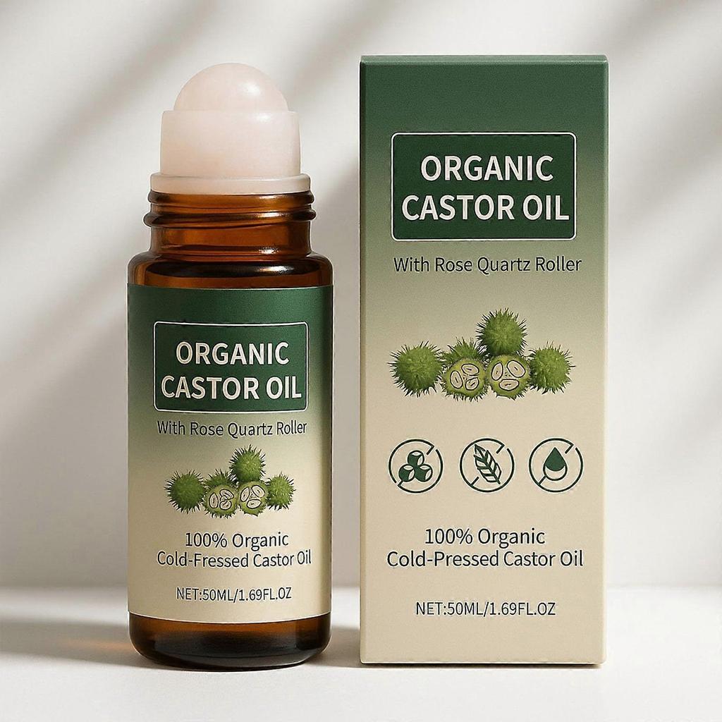 100% Organic Cold-Pressed Castor Oil Roll-On, with Rose Quartz Roller for Hair, Lash & Brow Growth, 50ml