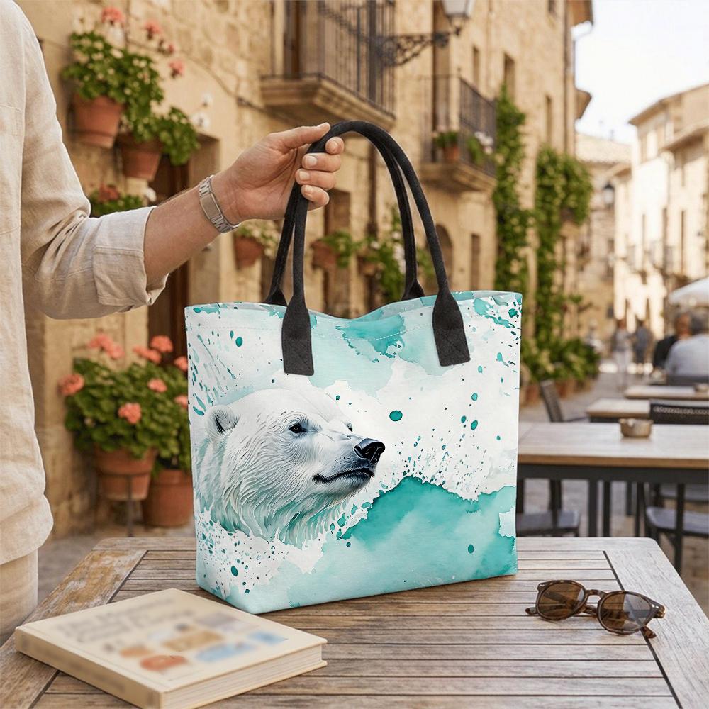 Watercolor Polar Bear Print Tote Bag Casual Large Capacity Shoulder Handbag for Daily Use