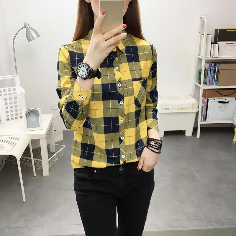 Women's Spring and Autumn Long Sleeve Standing Collar Shirt Plaid Casual Plus Size Shirt Comfortable Shirt