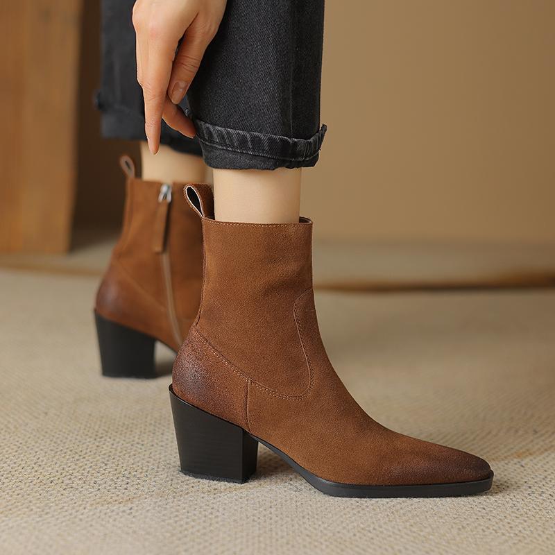 2024 New Real Cow Leather Suede Western Ankle Boots Women Point Toe Kitten Heels Short Boots Winter Cowboy Knight Boots Woman